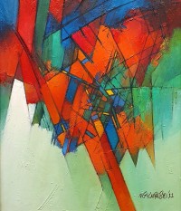 Saeed Kureshi, Scarlet Prism, 20 x 24 Inch, Oil on Canvas, Abstract Painting, AC-SAKUR-001